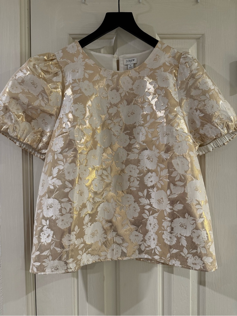 J. Crew Metallic Floral Puff-Sleeve Brocade Top in Gold and Cream - Picture 1 of 4